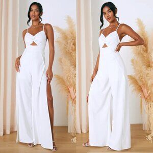 Lulus Instinctively Iconic Twist-Front Flyaway Wide Leg Jumpsuit Bridal Romper